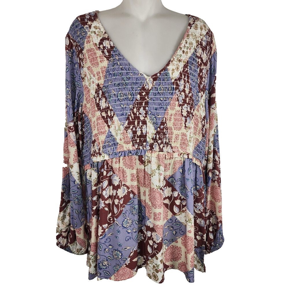 Maurices Womens Patchwork Peplum Tunic Top XL Smocked Boho Prairie Cottagecore